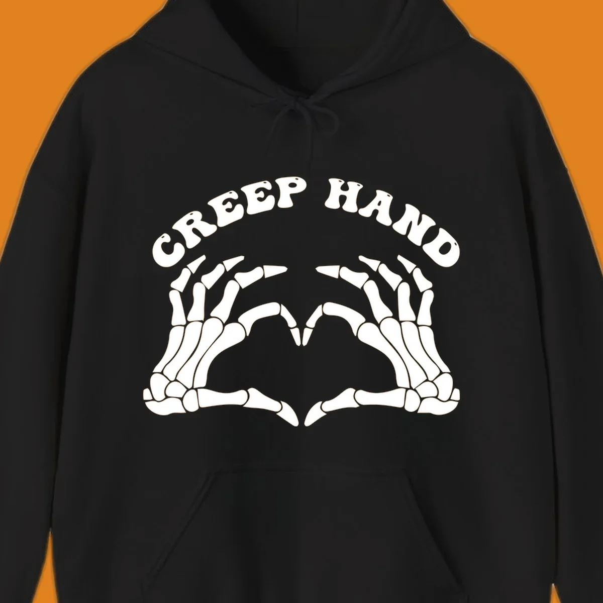 A white creep-hand-skeleton-heart design with two skeleton hands forming a heart shape below the arched text 'CREEP HAND'.