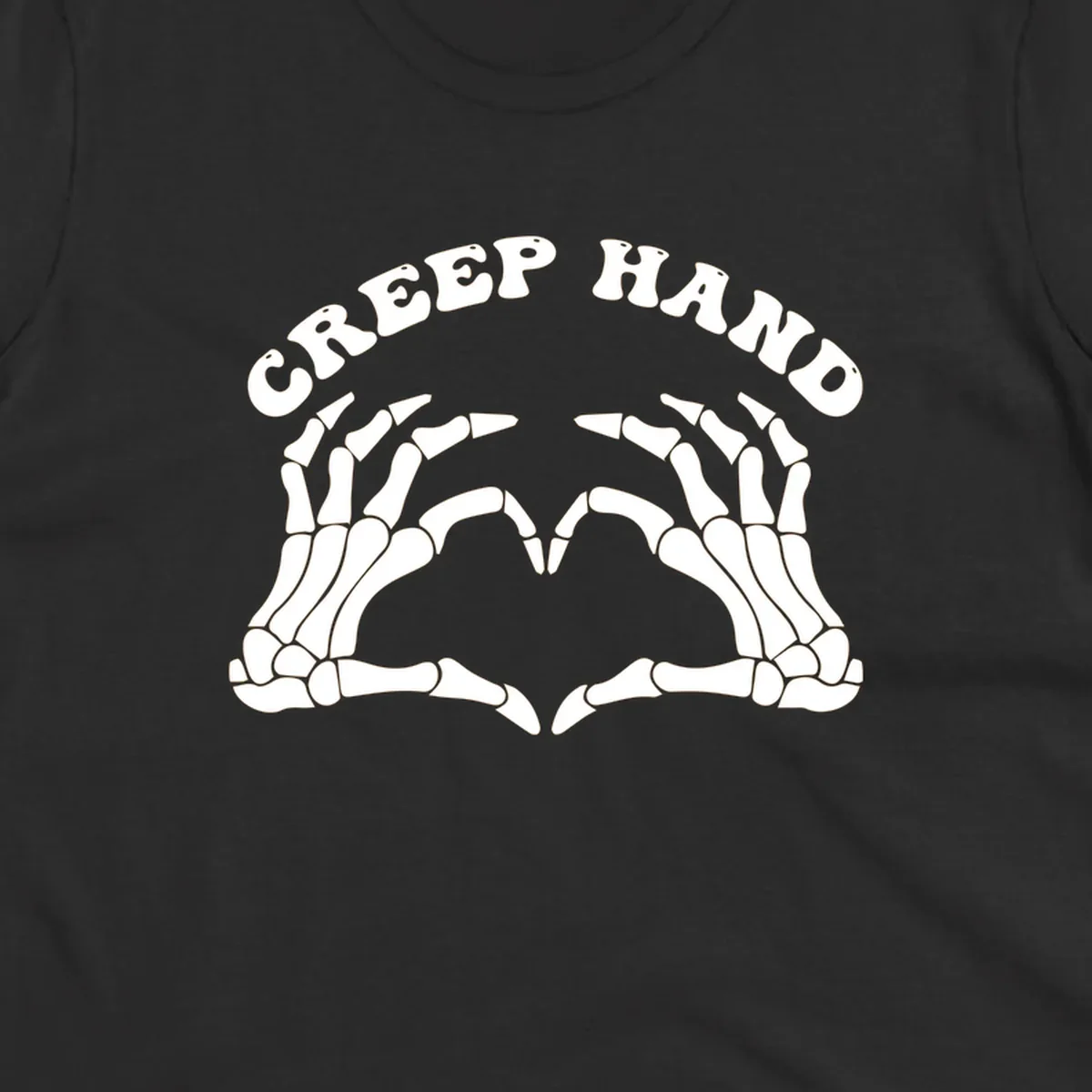 A white creep-hand-skeleton-heart design with two skeleton hands forming a heart shape below the arched text 'CREEP HAND'.