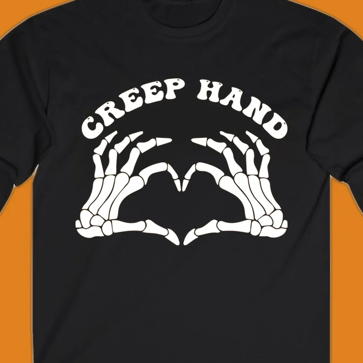 A white creep-hand-skeleton-heart design with two skeleton hands forming a heart shape below the arched text 'CREEP HAND'.