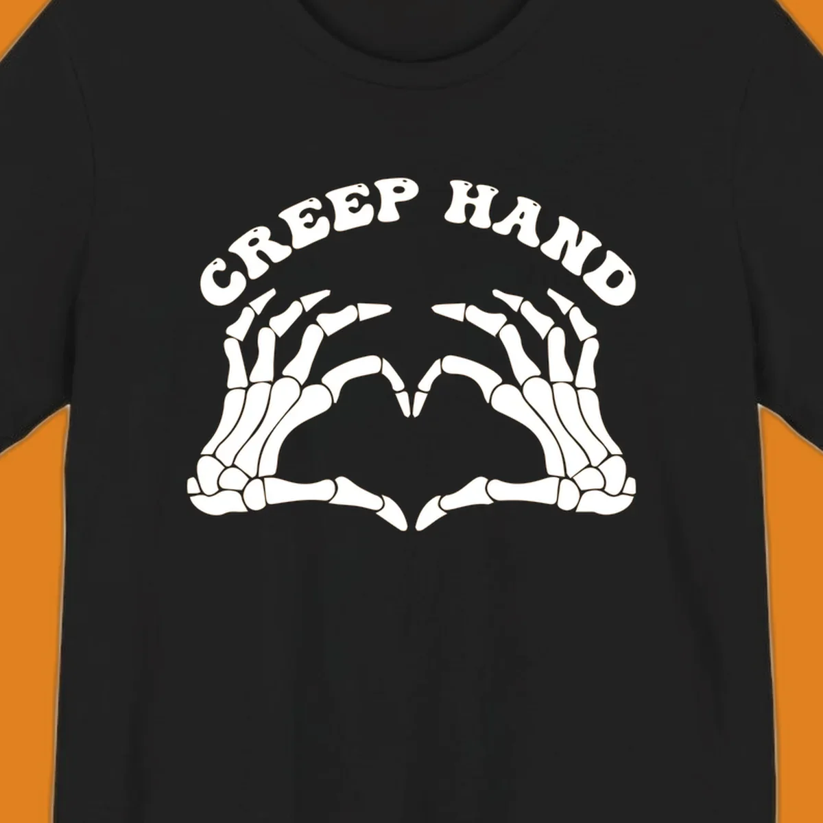 A white creep-hand-skeleton-heart design with two skeleton hands forming a heart shape below the arched text 'CREEP HAND'.