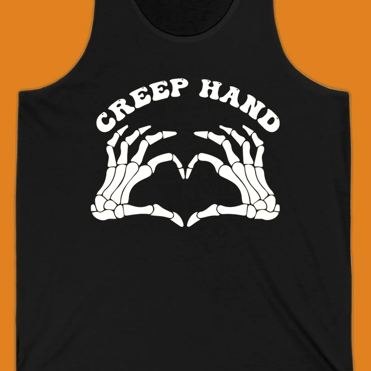 A white creep-hand-skeleton-heart design with two skeleton hands forming a heart shape below the arched text 'CREEP HAND'.