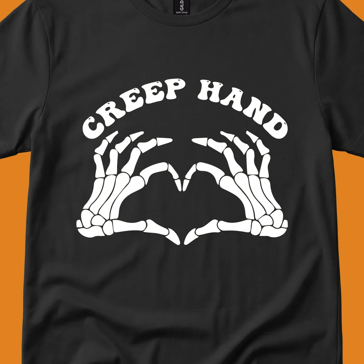 A white creep-hand-skeleton-heart design with two skeleton hands forming a heart shape below the arched text 'CREEP HAND'.