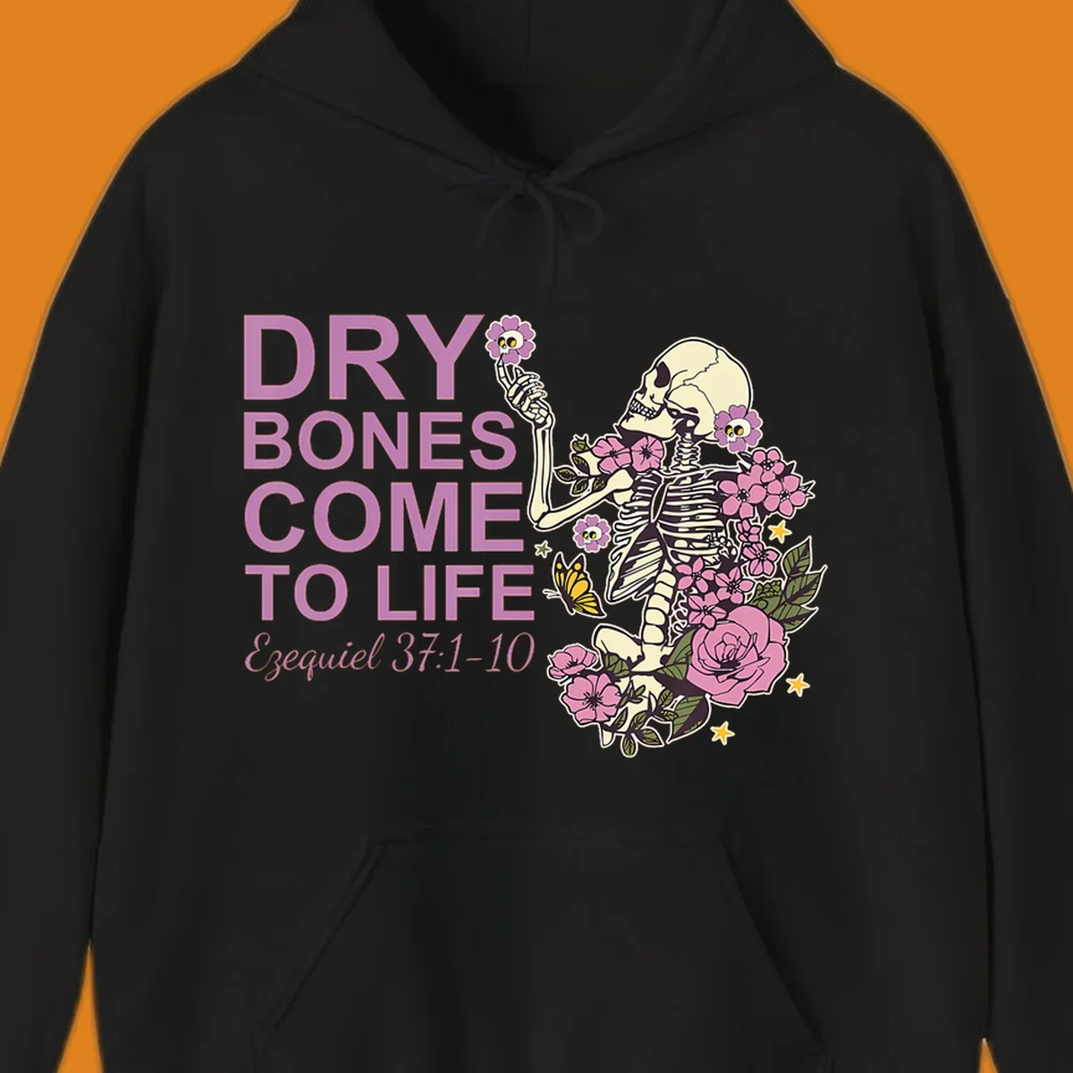 Illustration of a skeleton with flowers and text 'Dry Bones Come to Life', symbolizing resurrection.