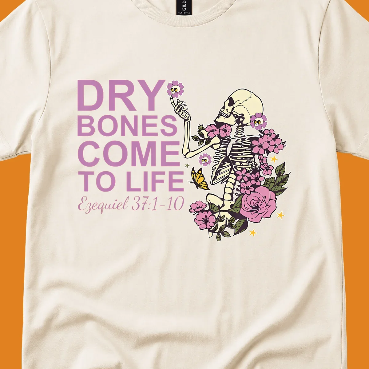 Illustration of a skeleton with flowers and text 'Dry Bones Come to Life', symbolizing resurrection.