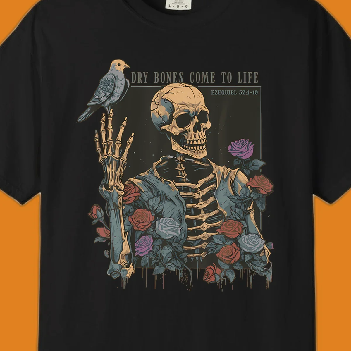 Skeleton with roses and dove, dry bones come to life resurrection art