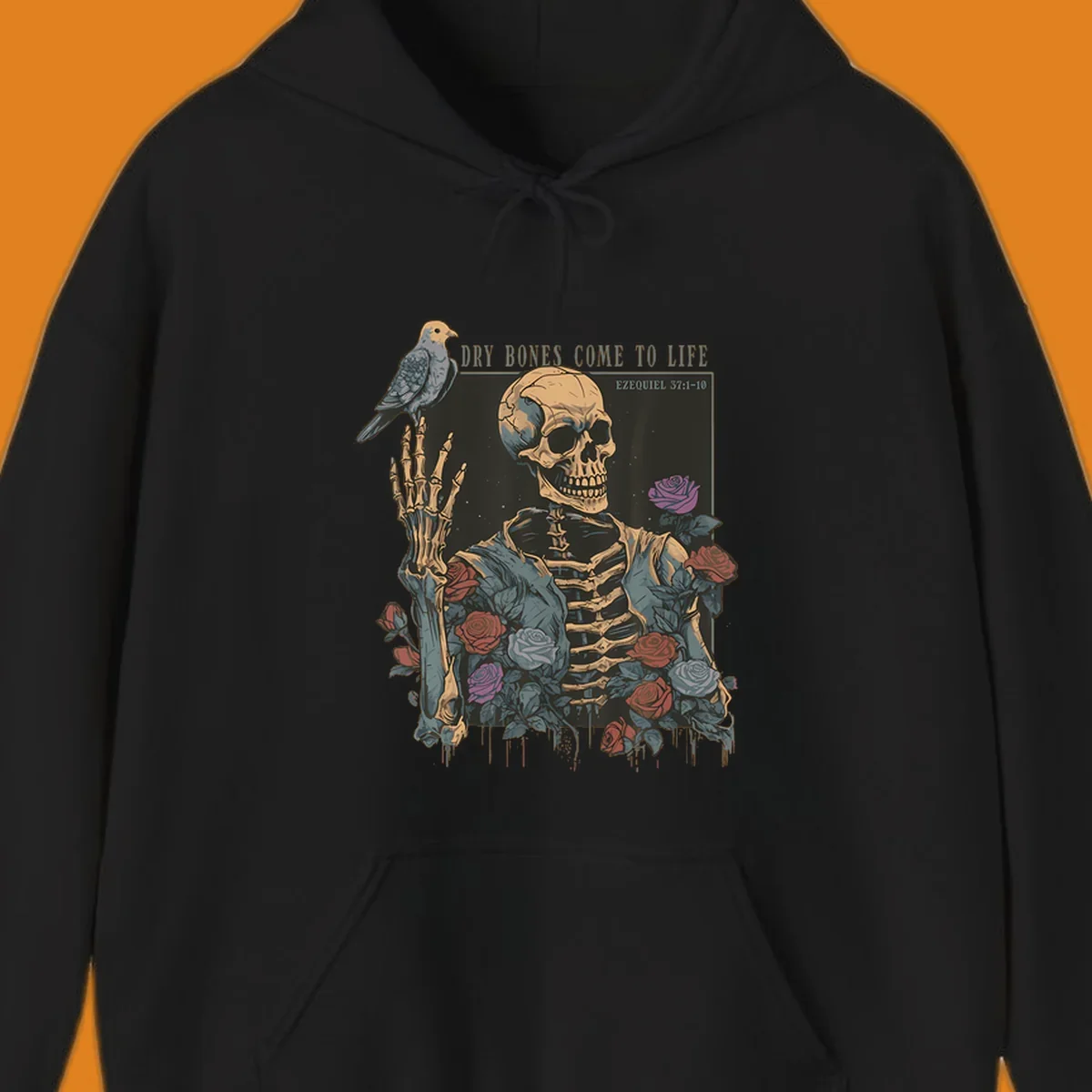 Skeleton with roses and dove, dry bones come to life resurrection art