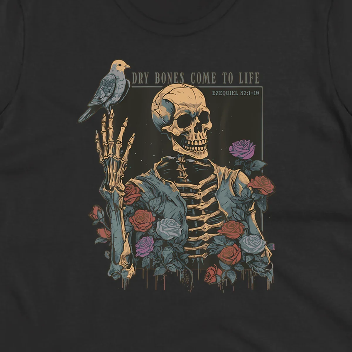 Skeleton with roses and dove, dry bones come to life resurrection art