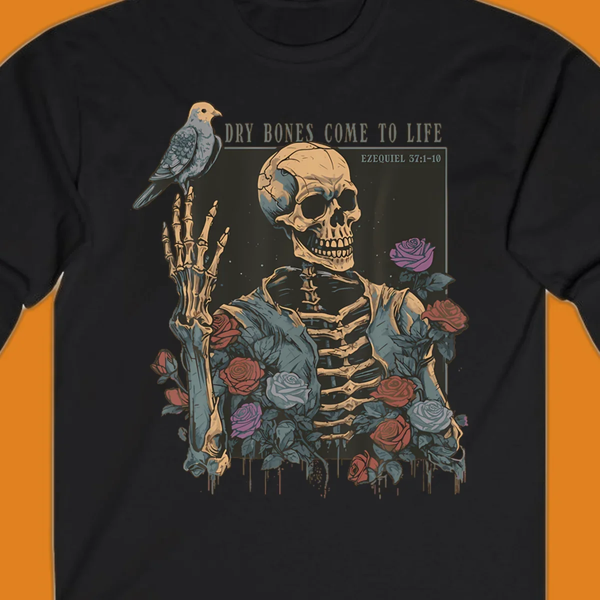 Skeleton with roses and dove, dry bones come to life resurrection art