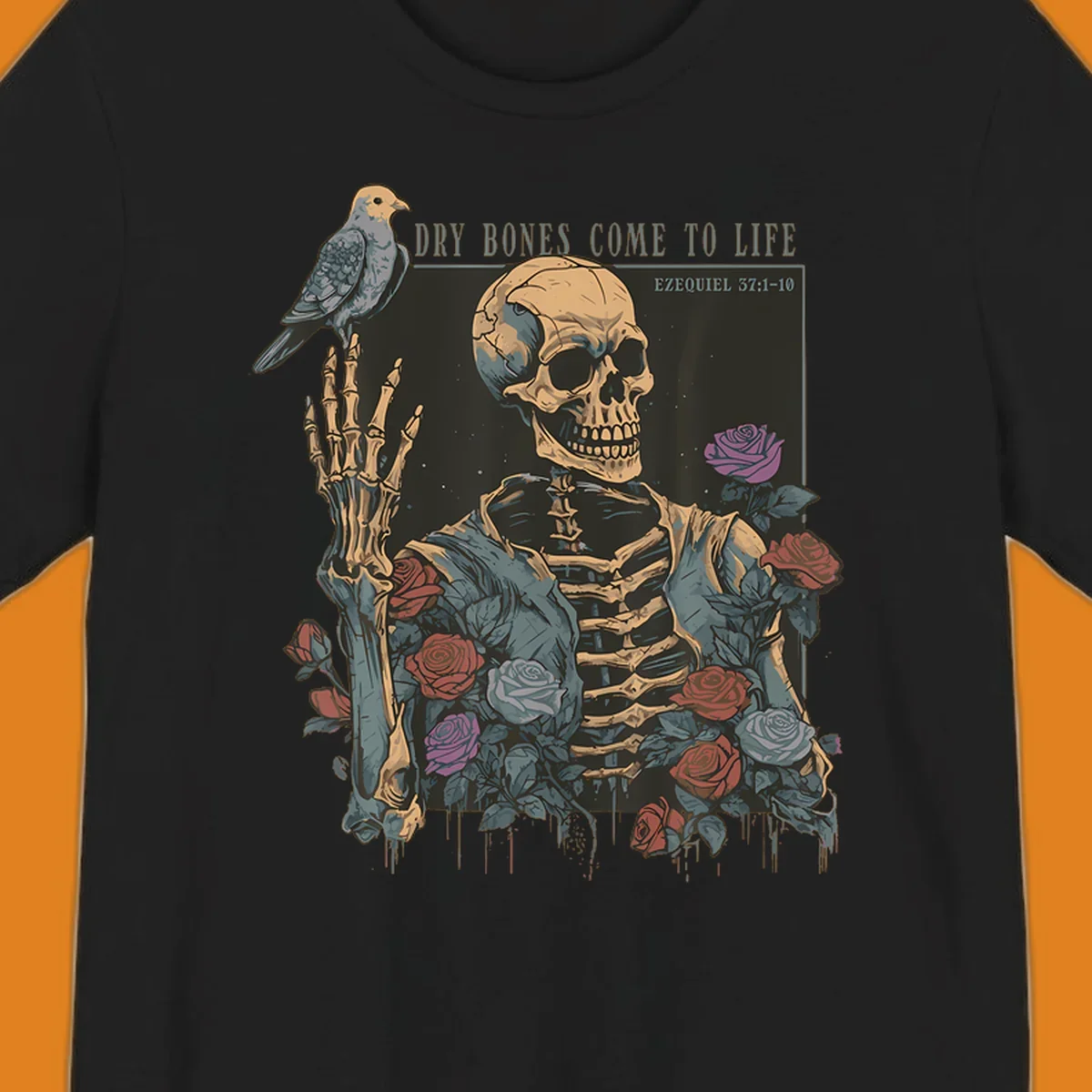 Skeleton with roses and dove, dry bones come to life resurrection art
