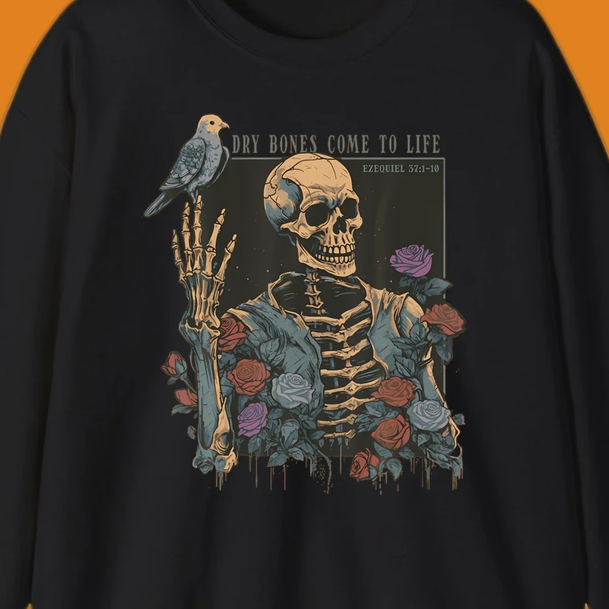 Skeleton with roses and dove, dry bones come to life resurrection art