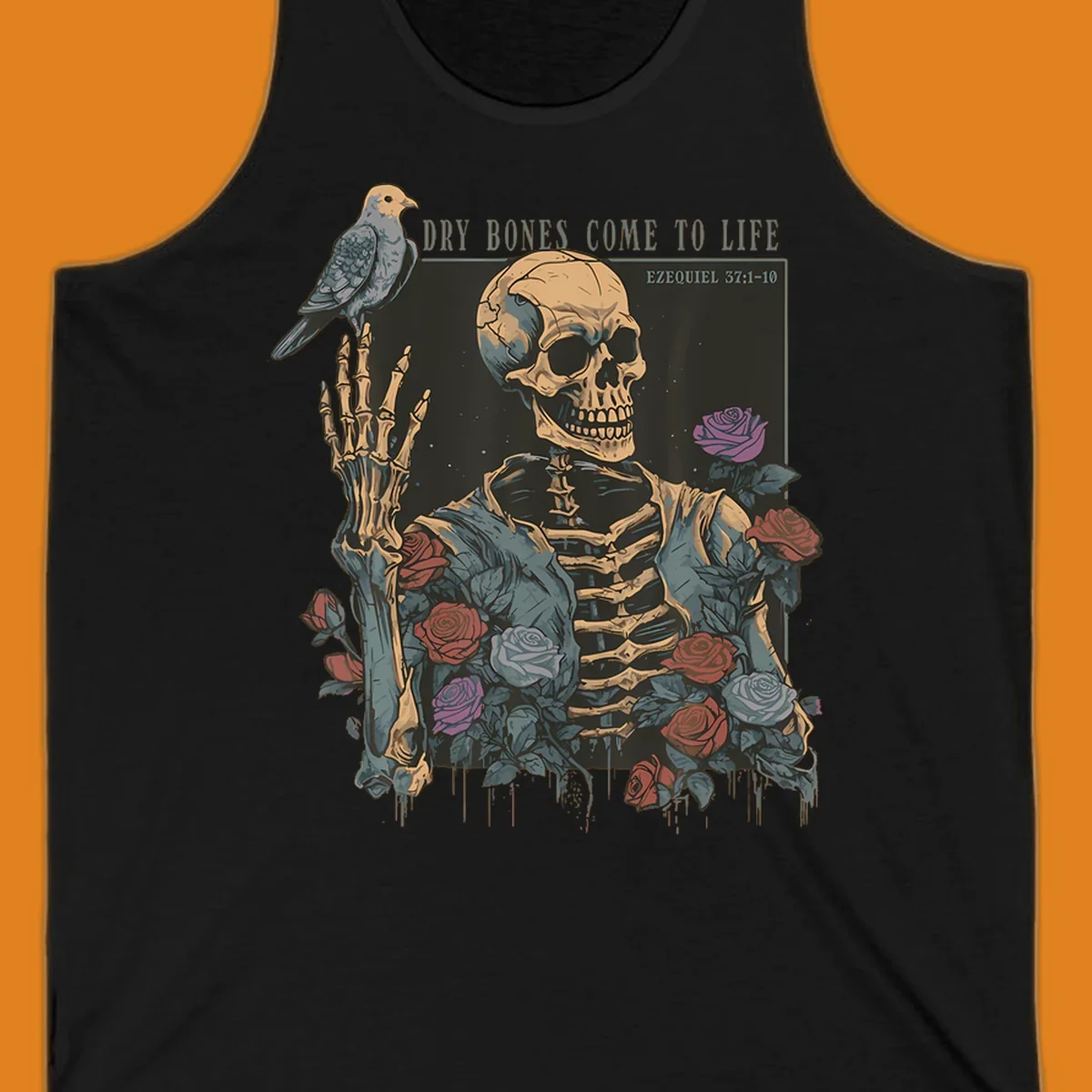 Skeleton with roses and dove, dry bones come to life resurrection art