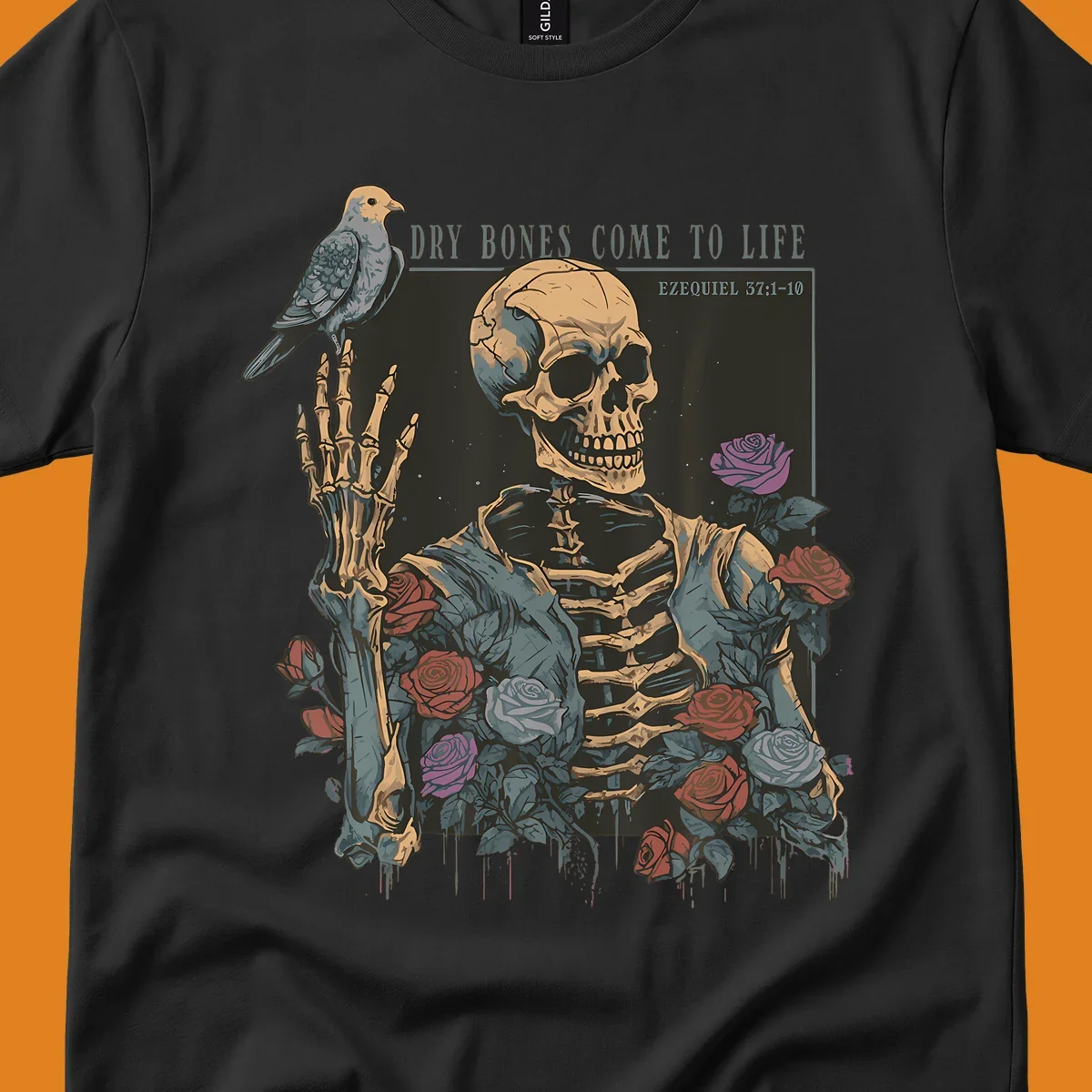 Skeleton with roses and dove, dry bones come to life resurrection art