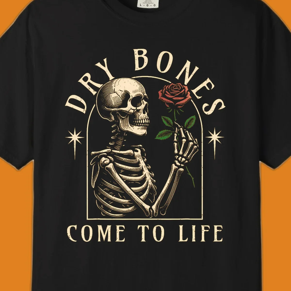 Skeleton holding a rose, with text 'Dry Bones Come To Life'. Dry-bones-rose.
