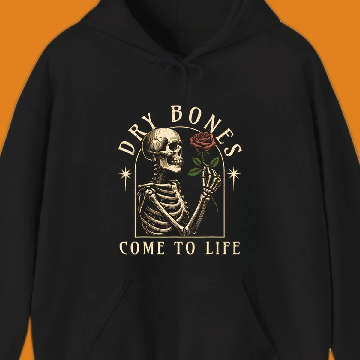 Skeleton holding a rose, with text 'Dry Bones Come To Life'. Dry-bones-rose.