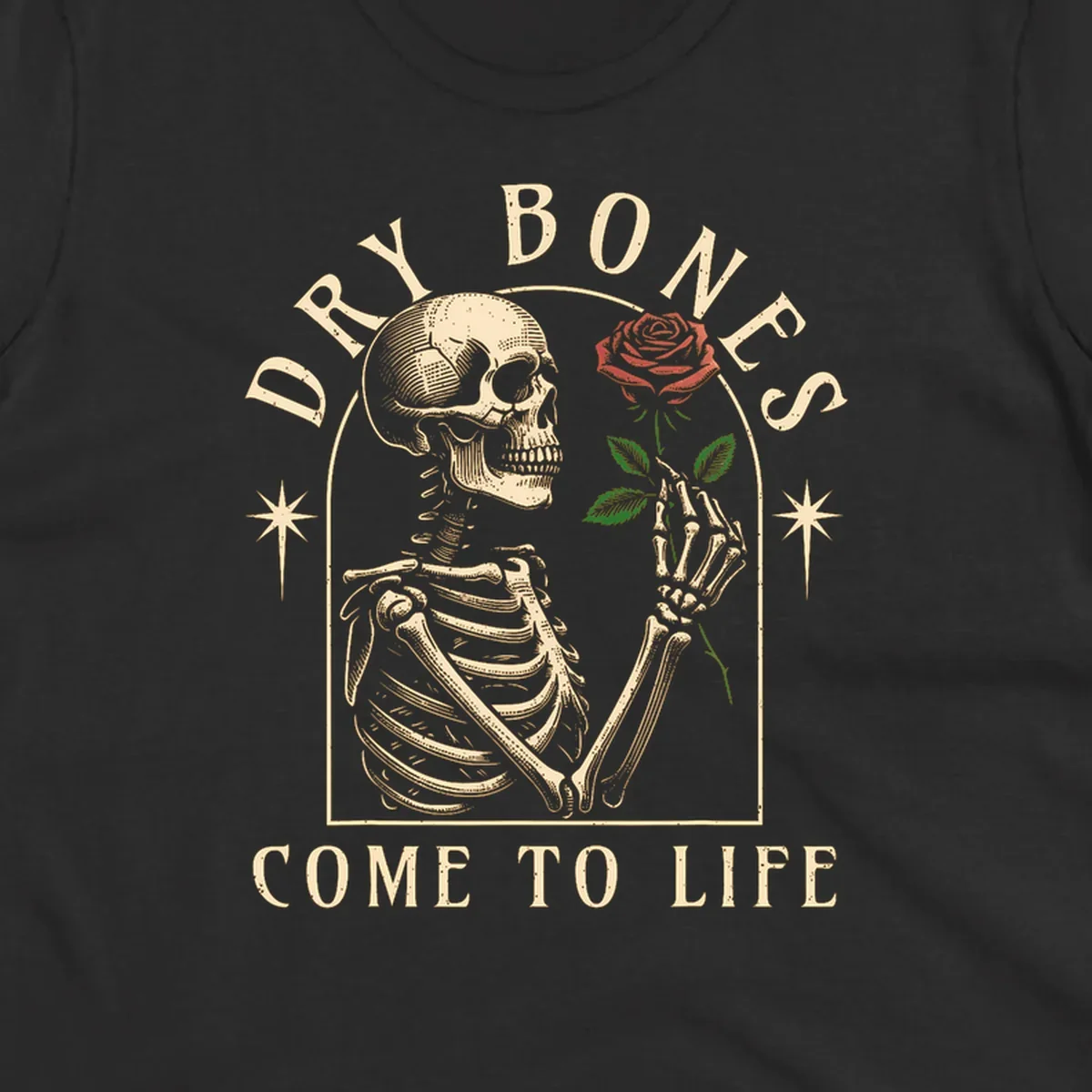 Skeleton holding a rose, with text 'Dry Bones Come To Life'. Dry-bones-rose.