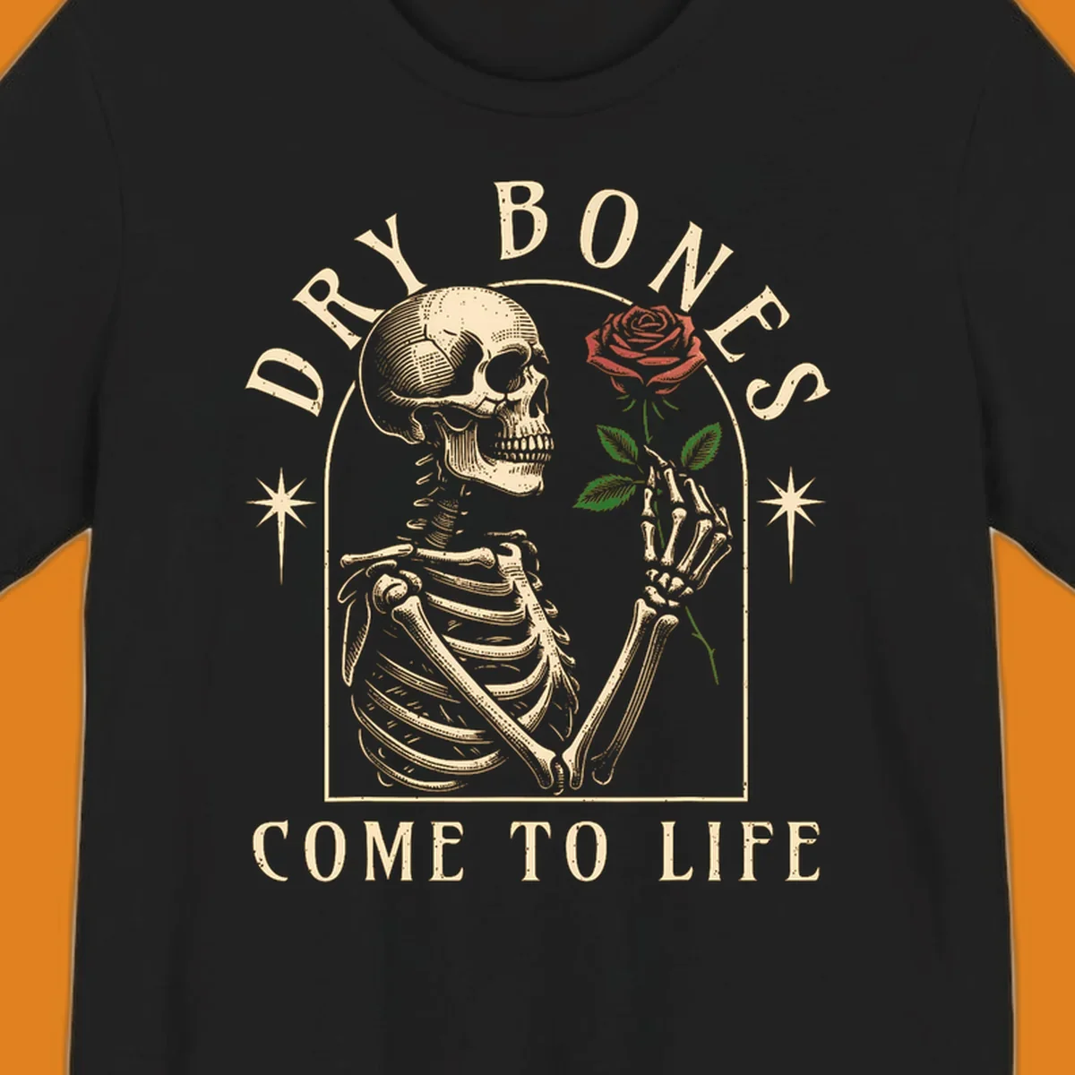 Skeleton holding a rose, with text 'Dry Bones Come To Life'. Dry-bones-rose.