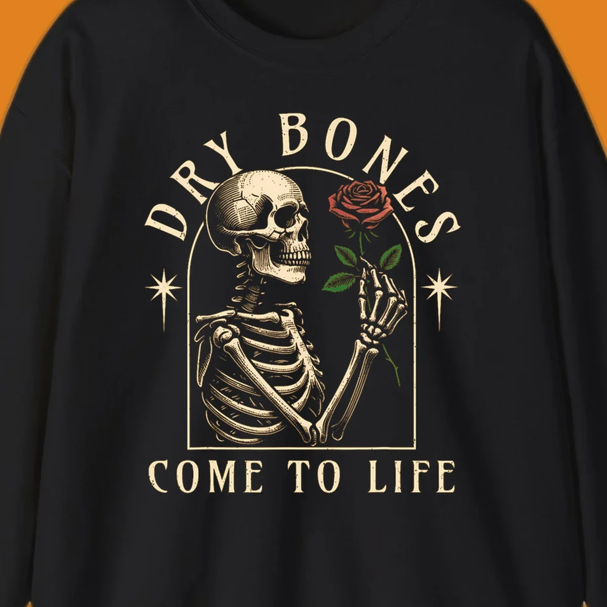 Skeleton holding a rose, with text 'Dry Bones Come To Life'. Dry-bones-rose.