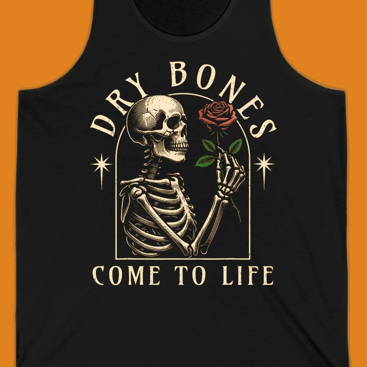 Skeleton holding a rose, with text 'Dry Bones Come To Life'. Dry-bones-rose.