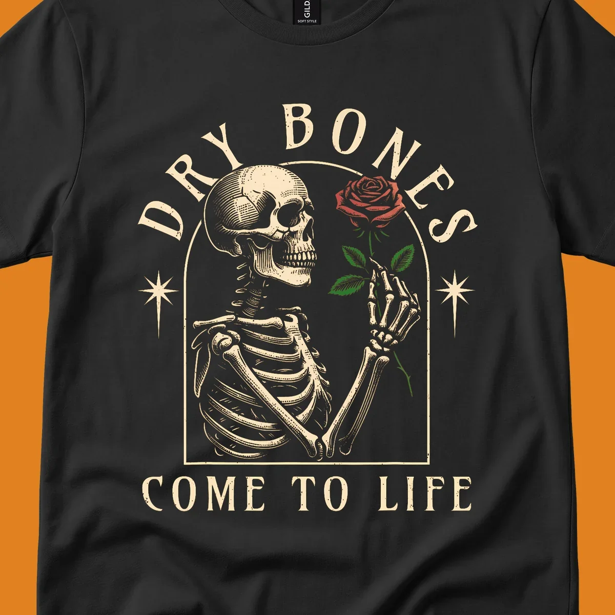 Skeleton holding a rose, with text 'Dry Bones Come To Life'. Dry-bones-rose.