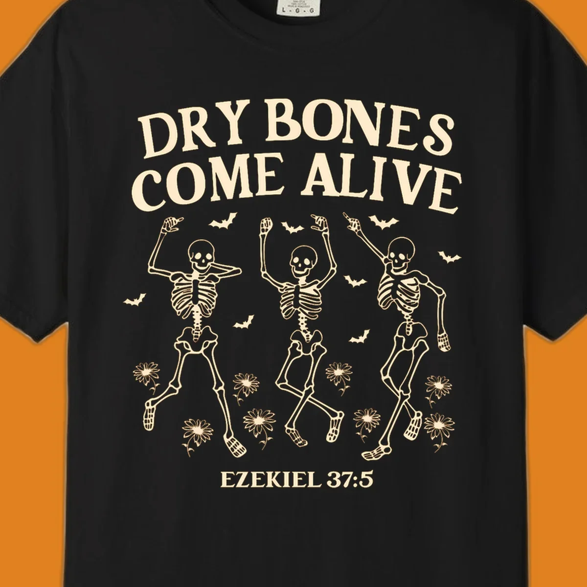 Dry bones come alive dancing skeletons with bats and daisies, Ezekiel 37:5 text. dry-bones-come-alive.