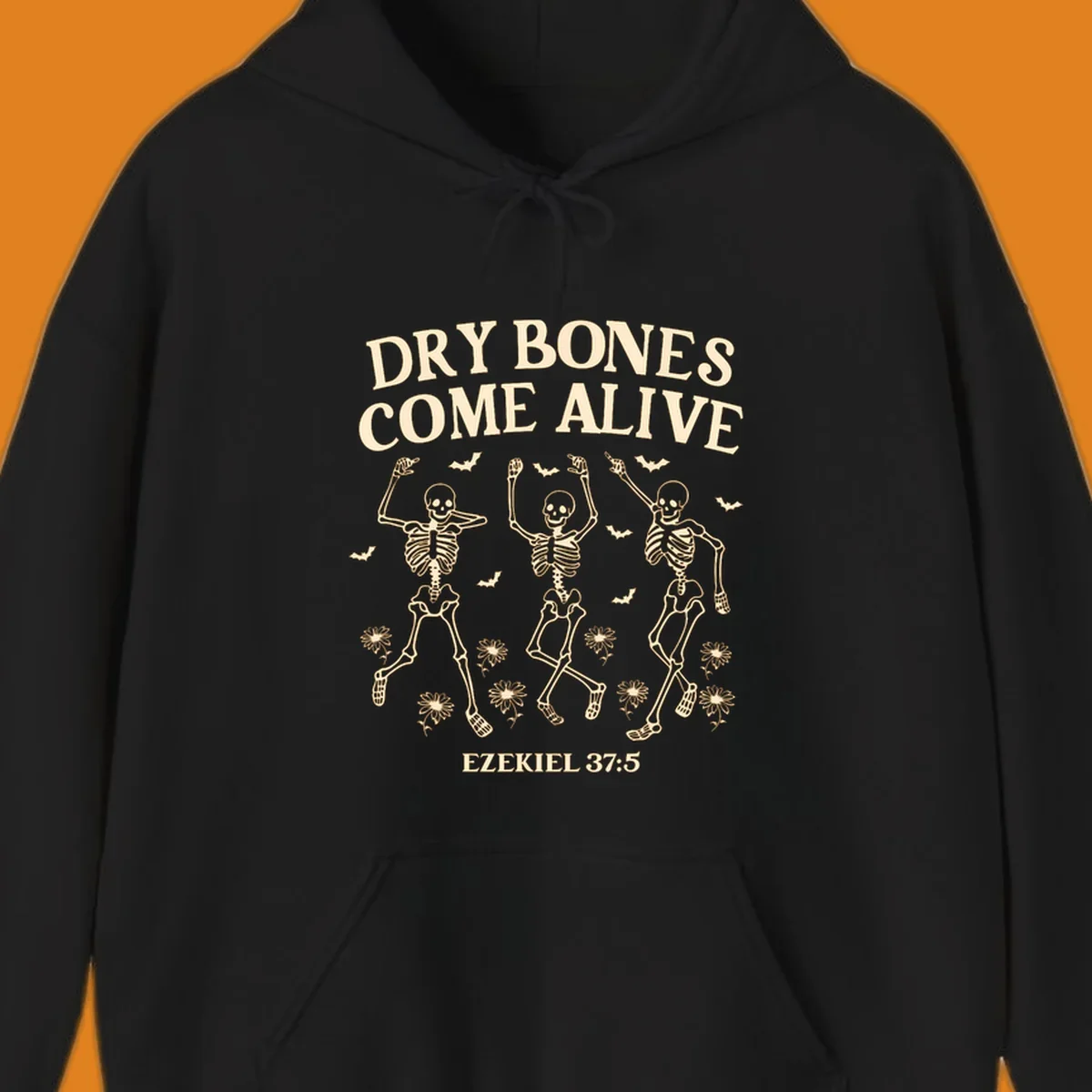 Dry bones come alive dancing skeletons with bats and daisies, Ezekiel 37:5 text. dry-bones-come-alive.