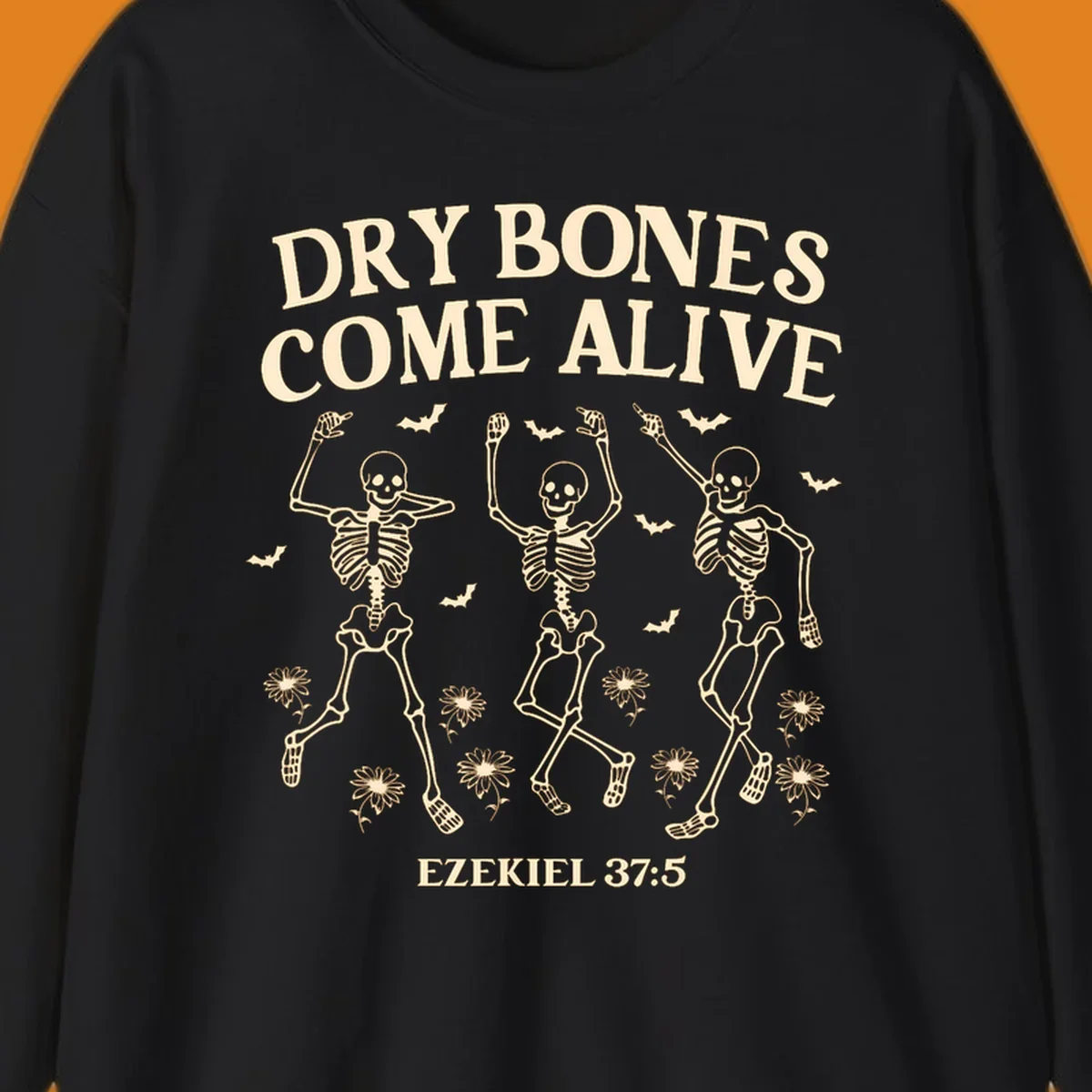 Dry bones come alive dancing skeletons with bats and daisies, Ezekiel 37:5 text. dry-bones-come-alive.