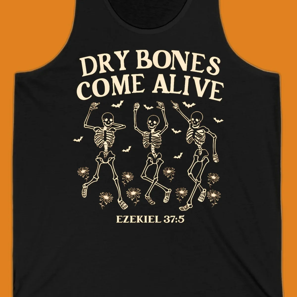 Dry bones come alive dancing skeletons with bats and daisies, Ezekiel 37:5 text. dry-bones-come-alive.