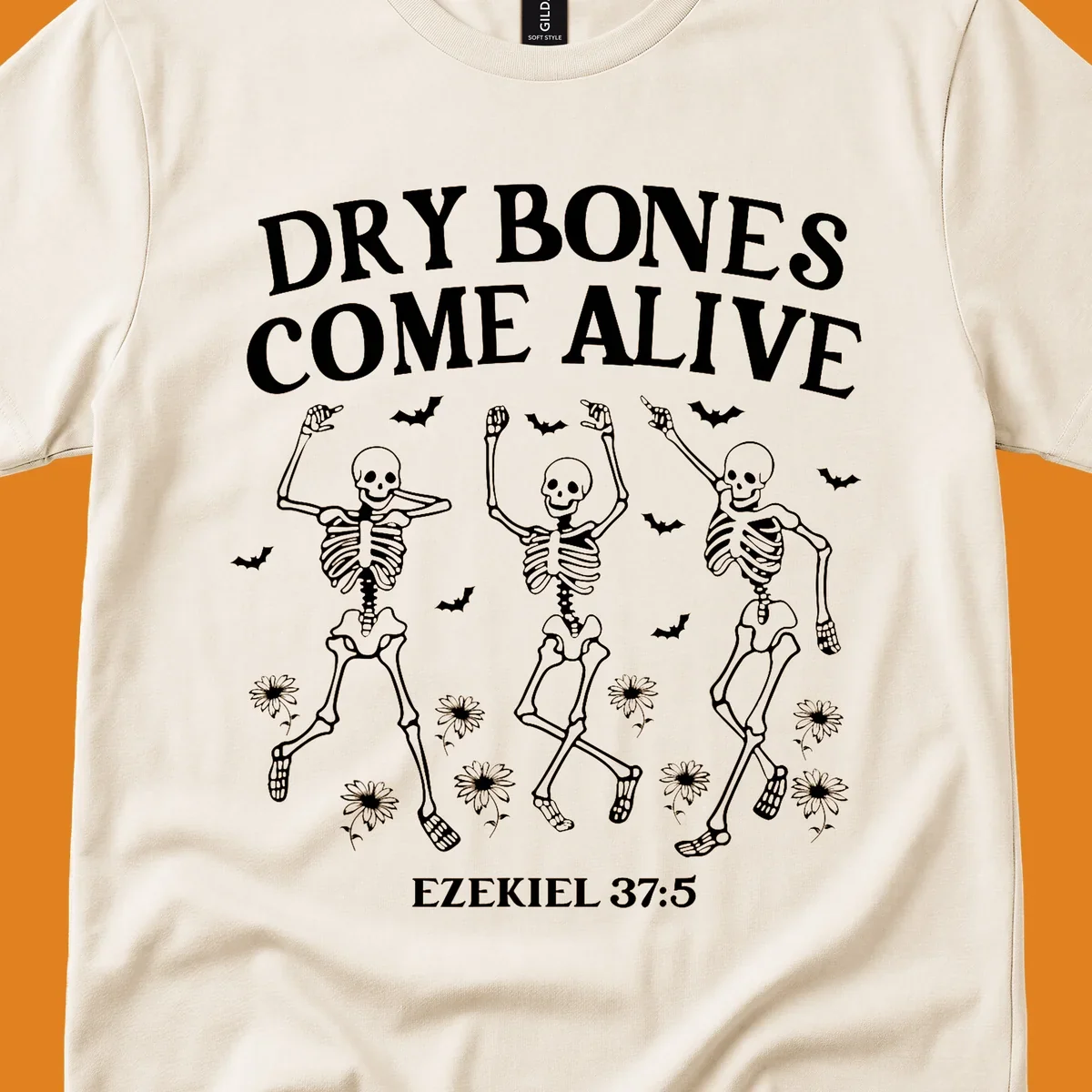 Dry bones come alive dancing skeletons with bats and daisies, Ezekiel 37:5 text. dry-bones-come-alive.