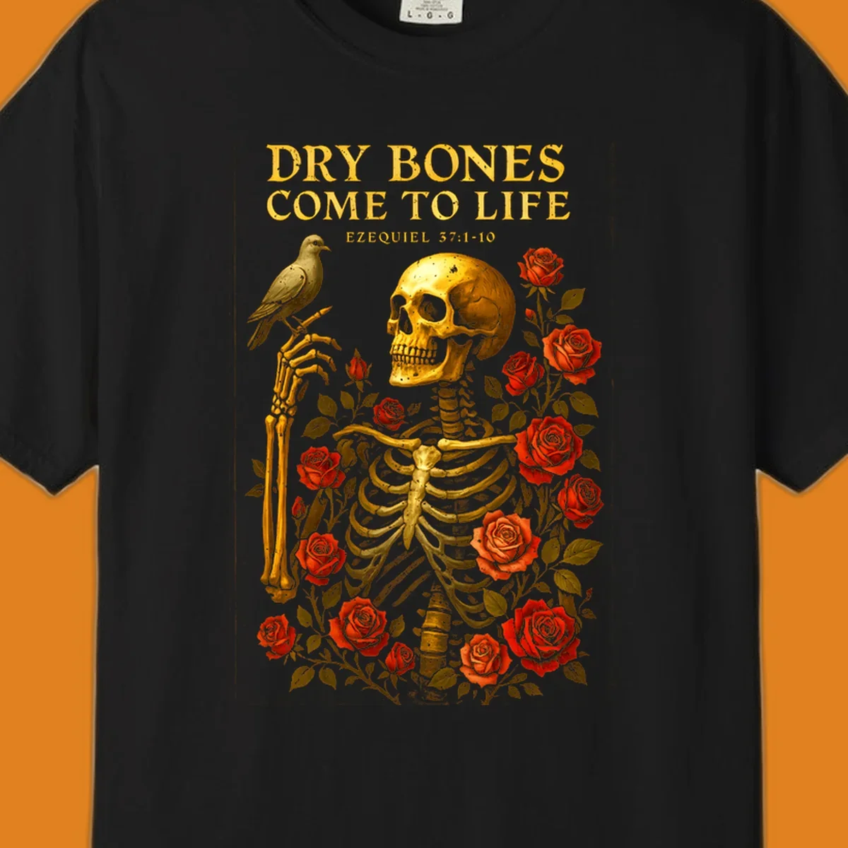 Dry bones come to life skeleton with roses and bird, Ezekiel 37:1-10 scripture