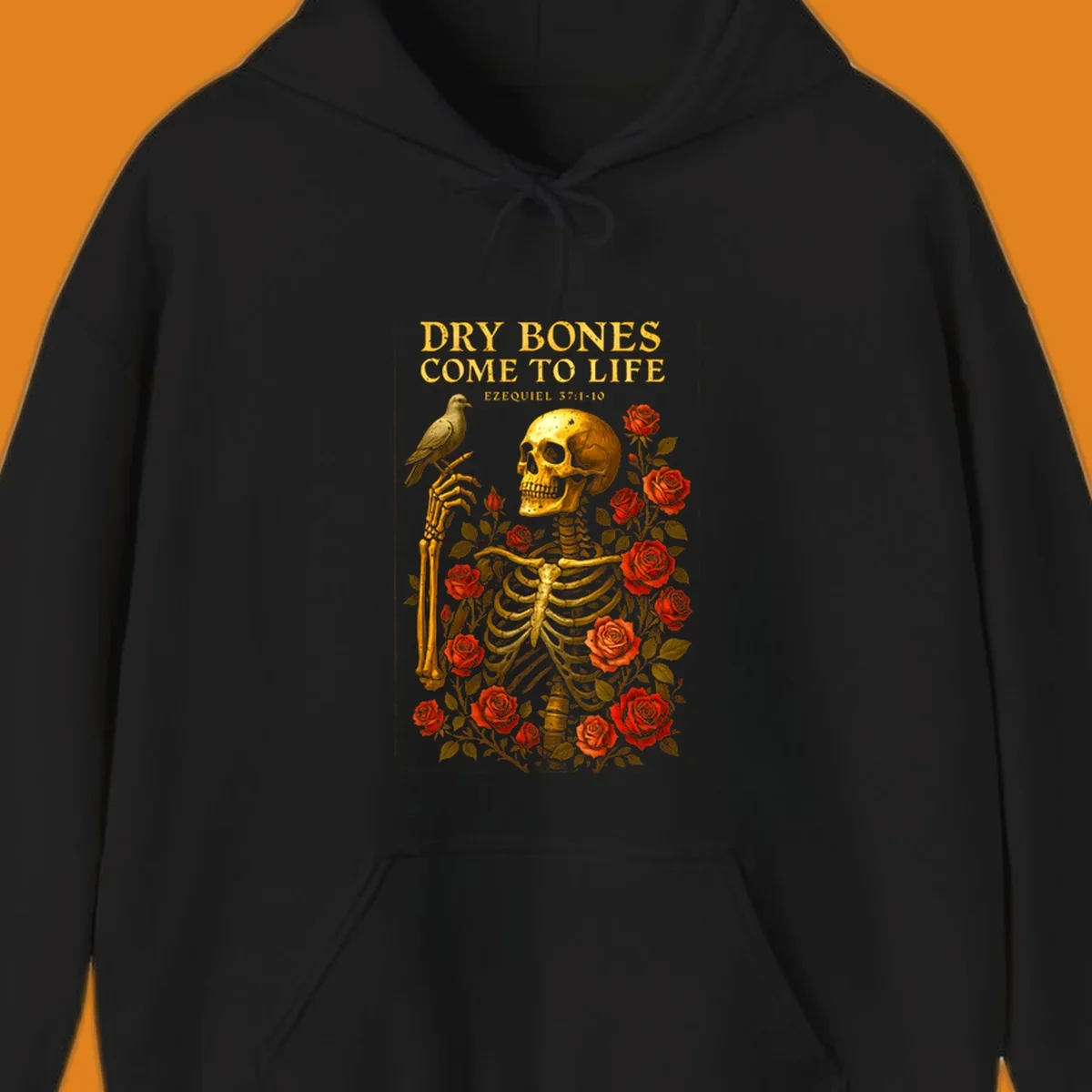 Dry bones come to life skeleton with roses and bird, Ezekiel 37:1-10 scripture