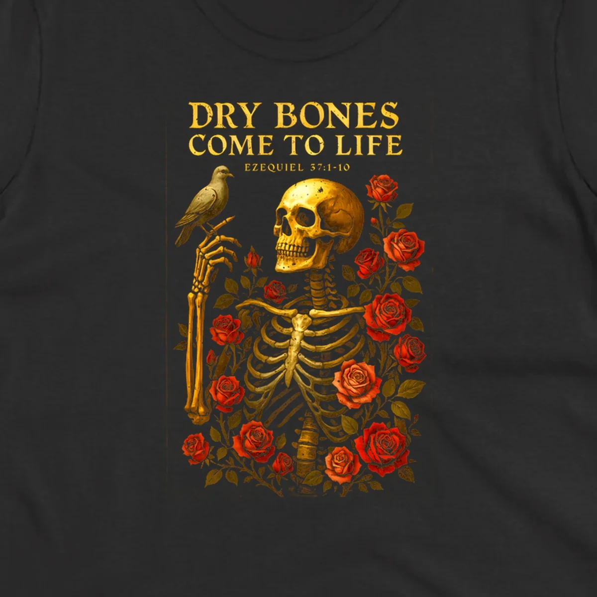 Dry bones come to life skeleton with roses and bird, Ezekiel 37:1-10 scripture