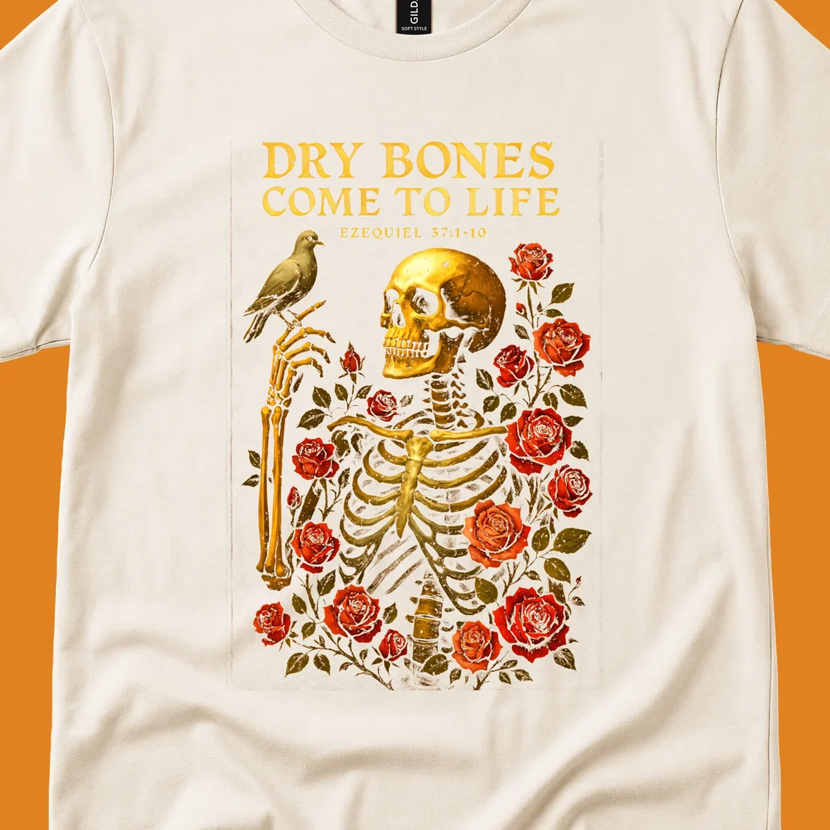 Dry bones come to life skeleton with roses and bird, Ezekiel 37:1-10 scripture