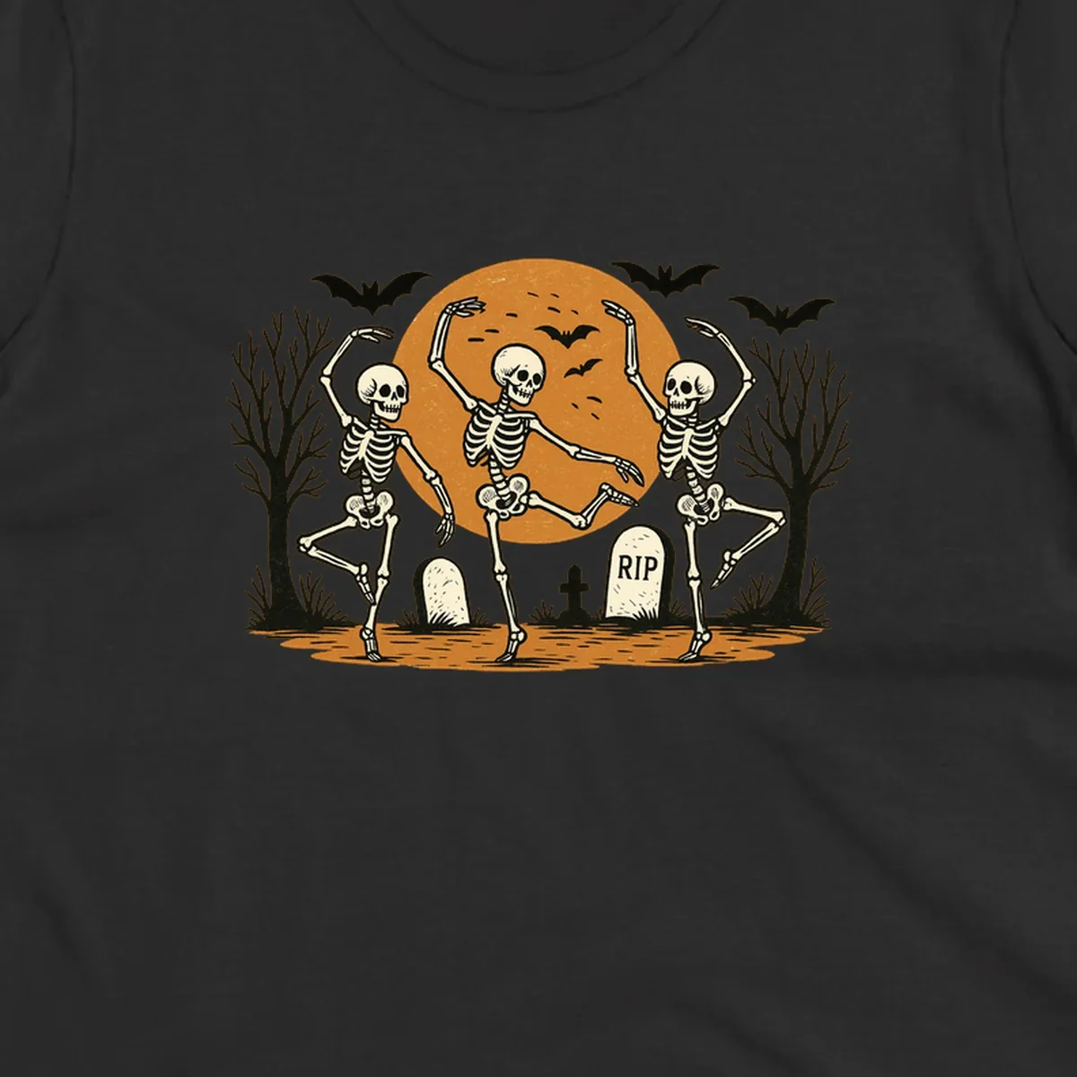 Dancing skeletons Halloween design with a full moon, bats, and gravestones.