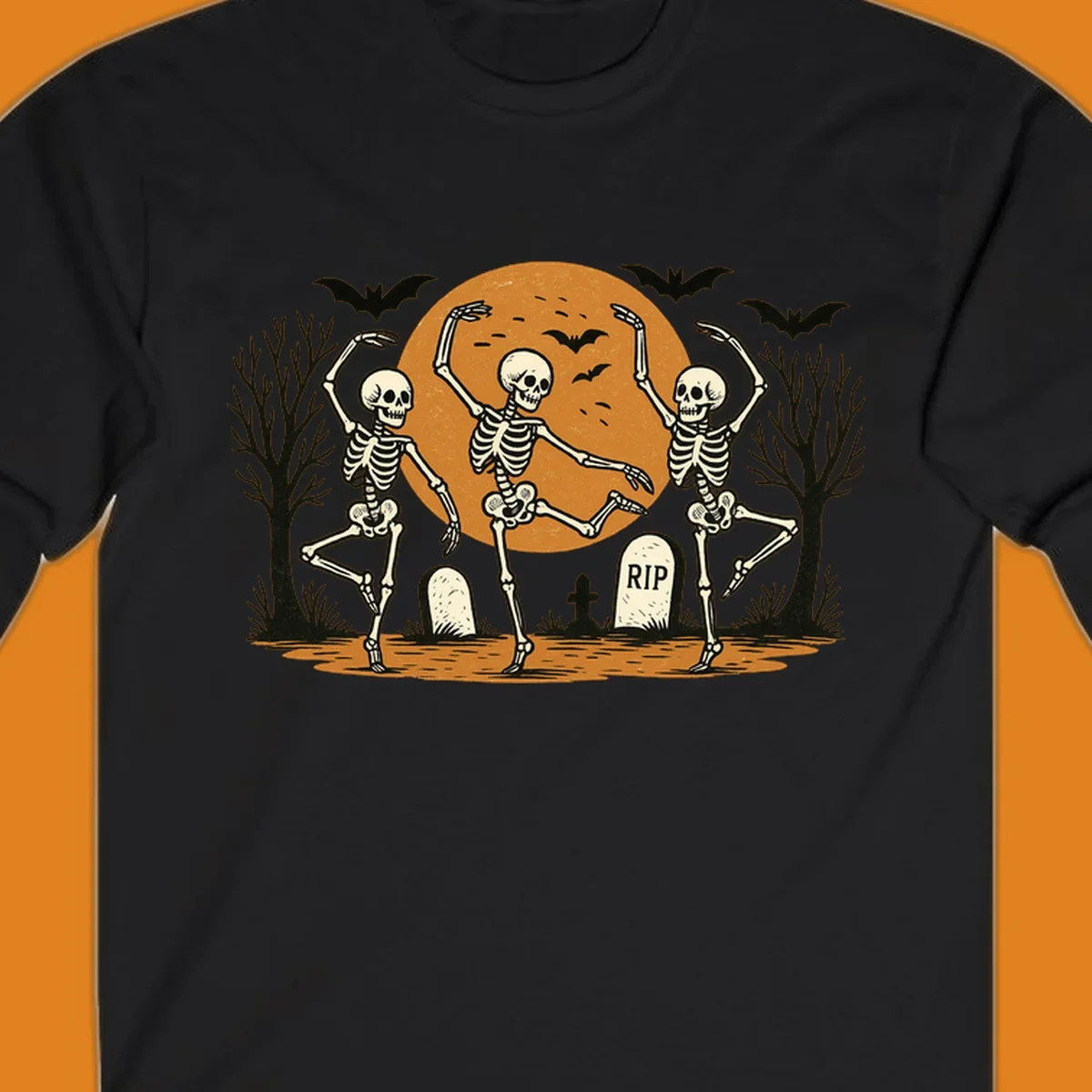 Dancing skeletons Halloween design with a full moon, bats, and gravestones.