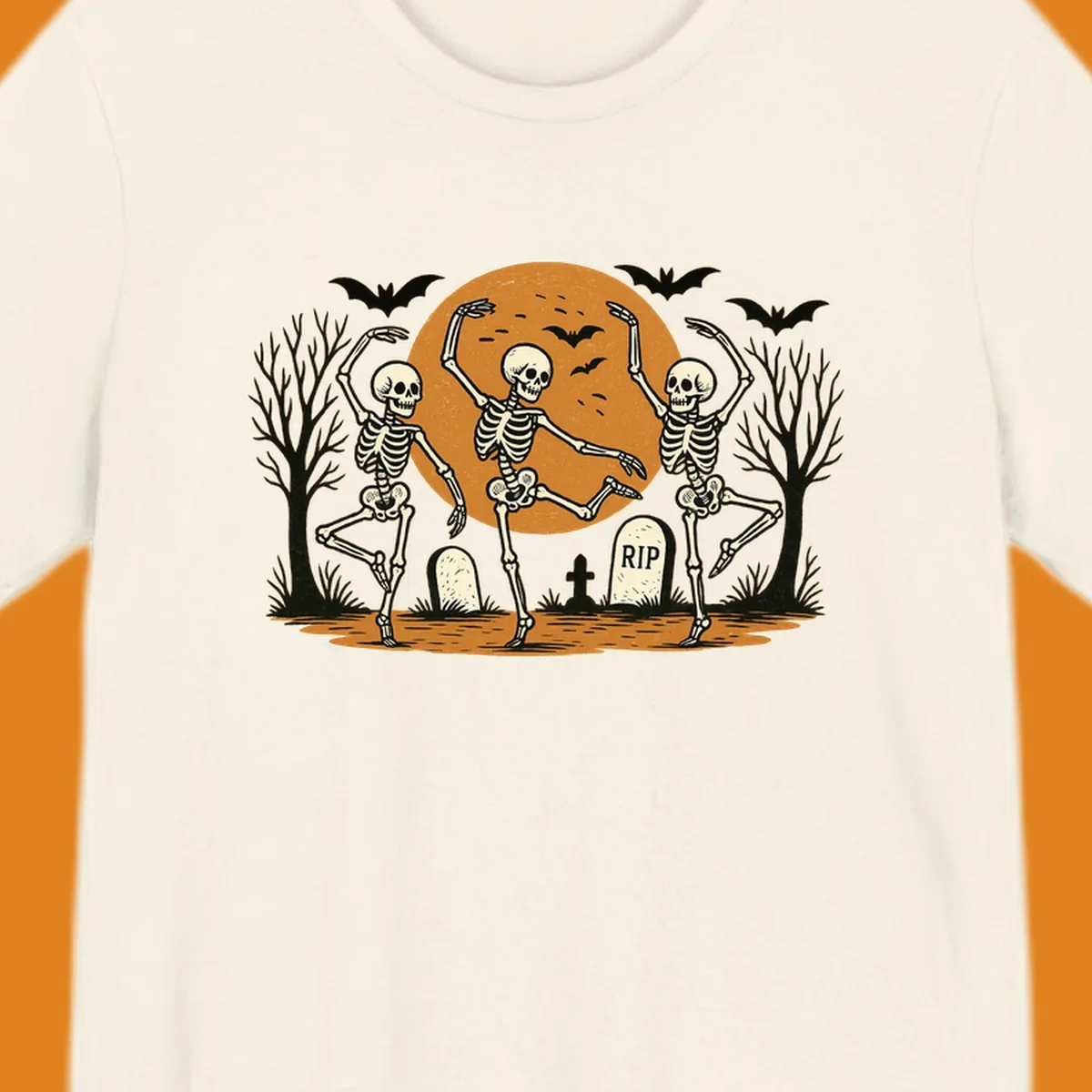 Dancing skeletons Halloween design with a full moon, bats, and gravestones.