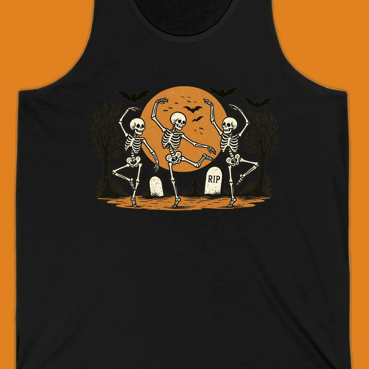 Dancing skeletons Halloween design with a full moon, bats, and gravestones.