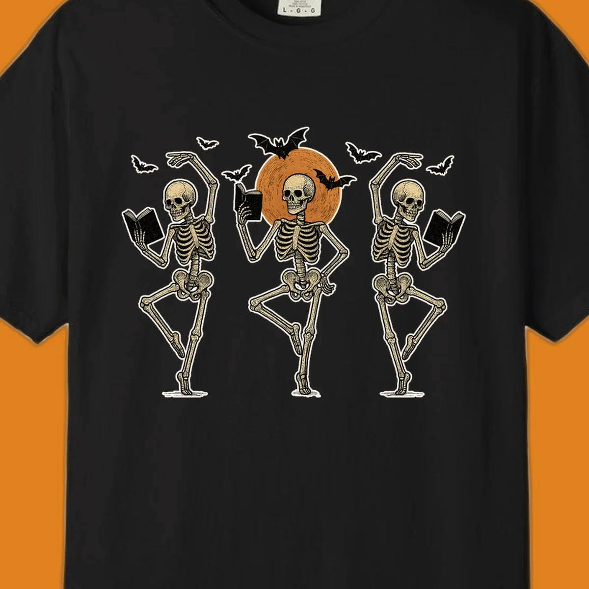 Dancing skeletons reading books under a moon with bats, skeleton-book-dance design.