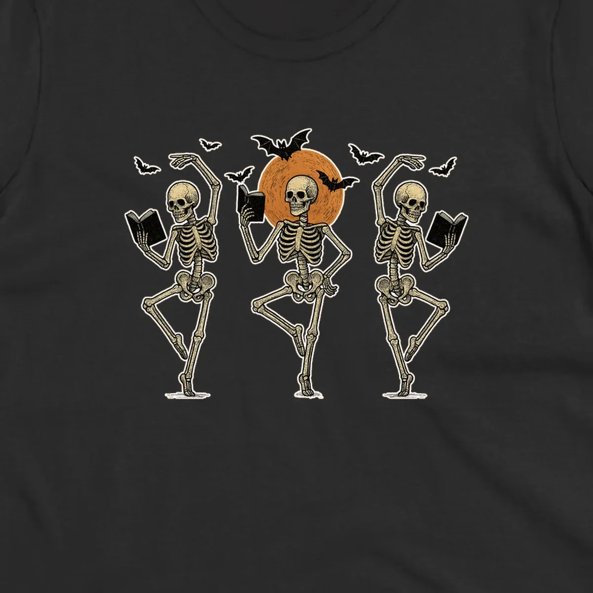 Dancing skeletons reading books under a moon with bats, skeleton-book-dance design.