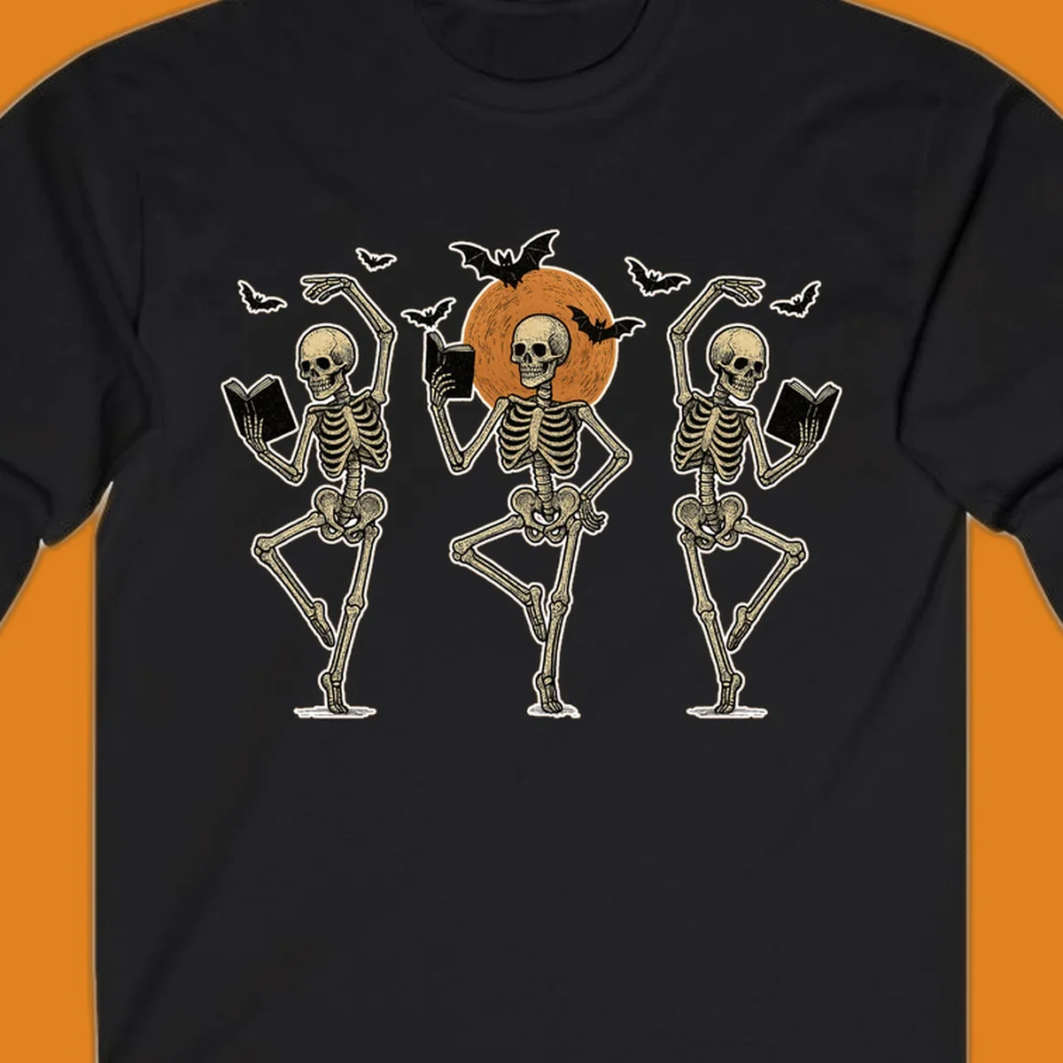Dancing skeletons reading books under a moon with bats, skeleton-book-dance design.