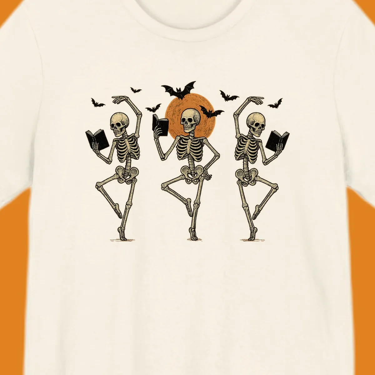 Dancing skeletons reading books under a moon with bats, skeleton-book-dance design.