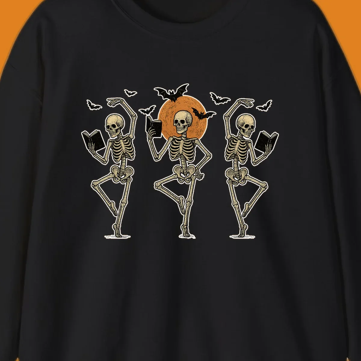 Dancing skeletons reading books under a moon with bats, skeleton-book-dance design.
