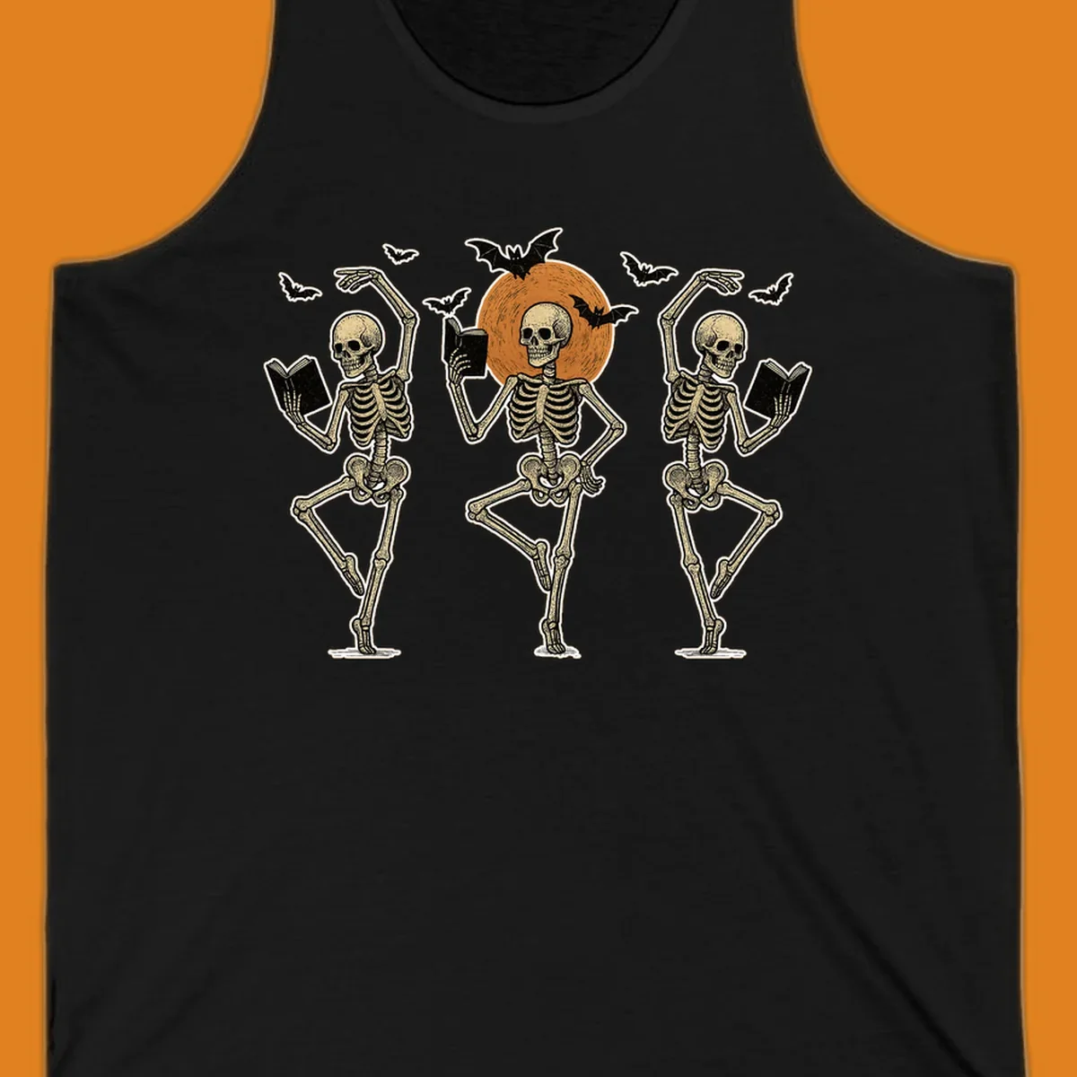 Dancing skeletons reading books under a moon with bats, skeleton-book-dance design.