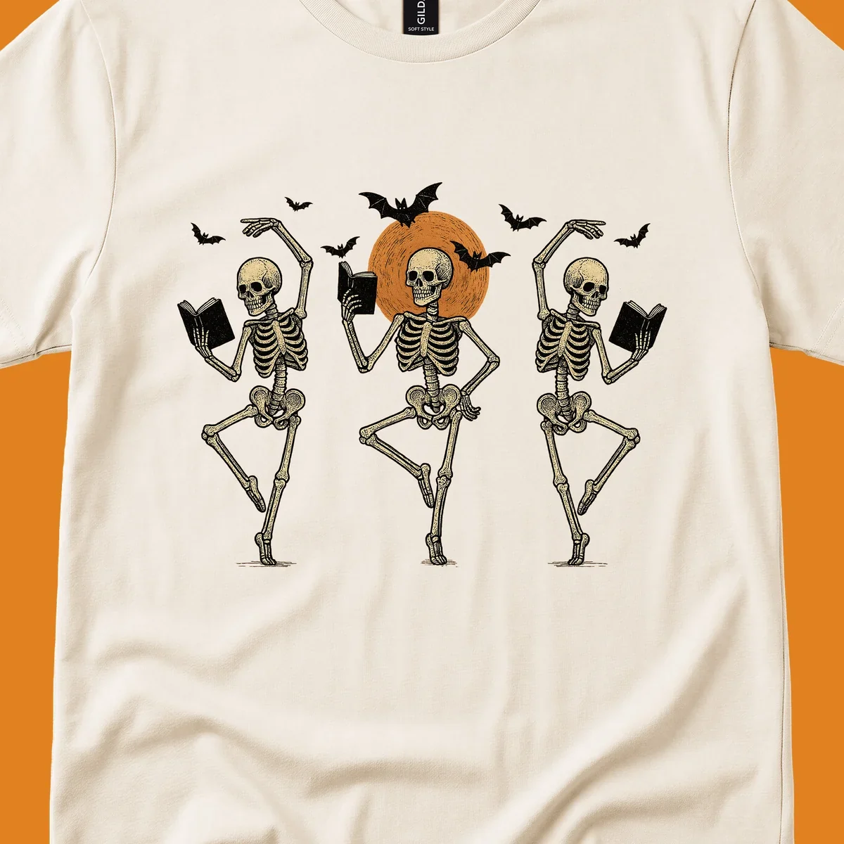 Dancing skeletons reading books under a moon with bats, skeleton-book-dance design.