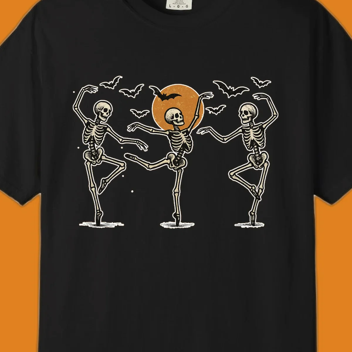 Vintage illustration of three dancing skeletons under a Halloween moon with bats, evoking a spooky ballet.