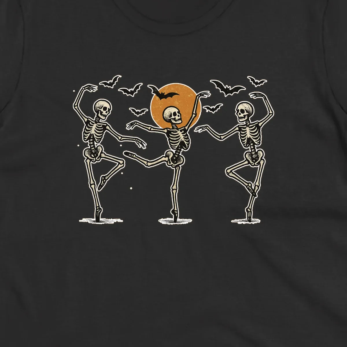 Vintage illustration of three dancing skeletons under a Halloween moon with bats, evoking a spooky ballet.