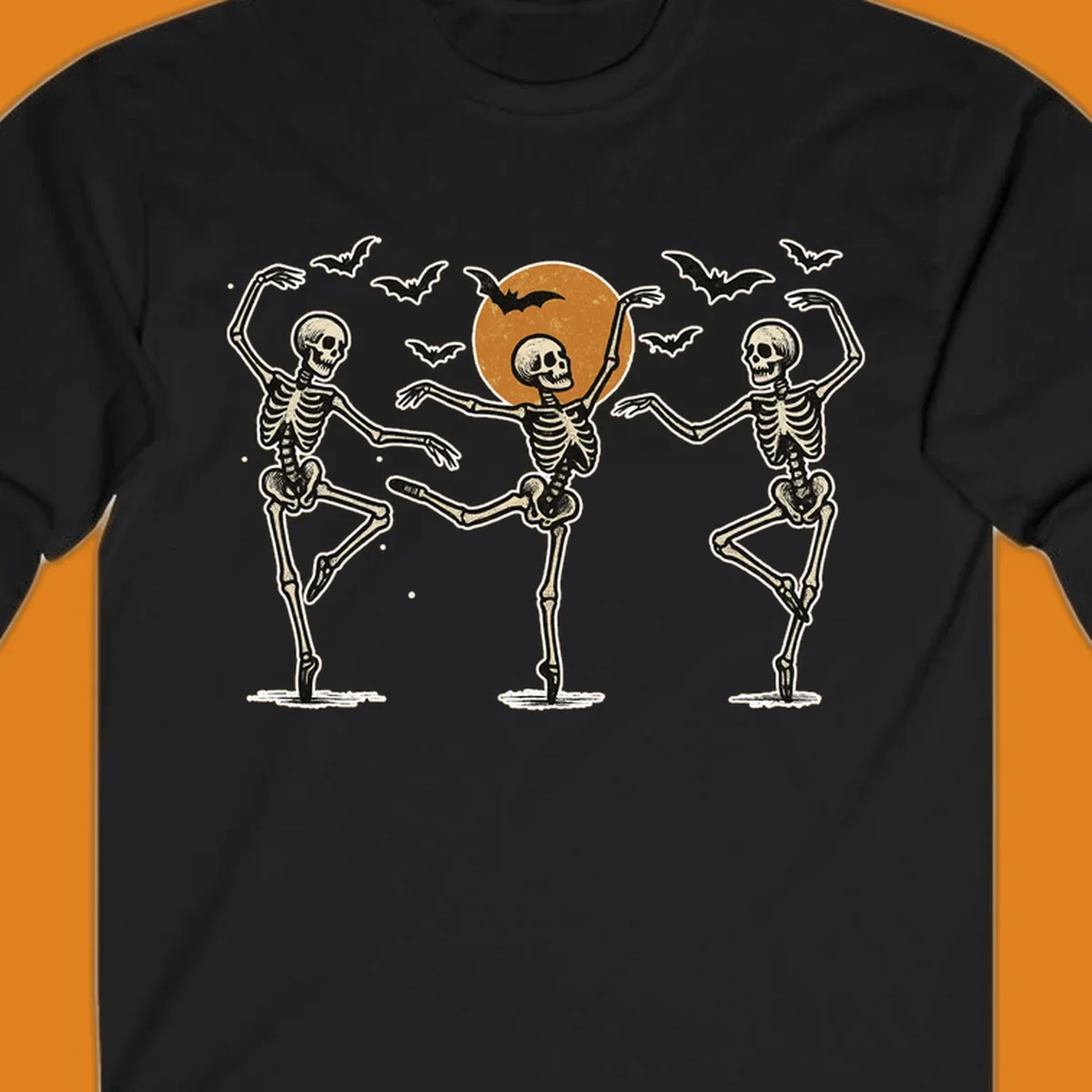 Vintage illustration of three dancing skeletons under a Halloween moon with bats, evoking a spooky ballet.