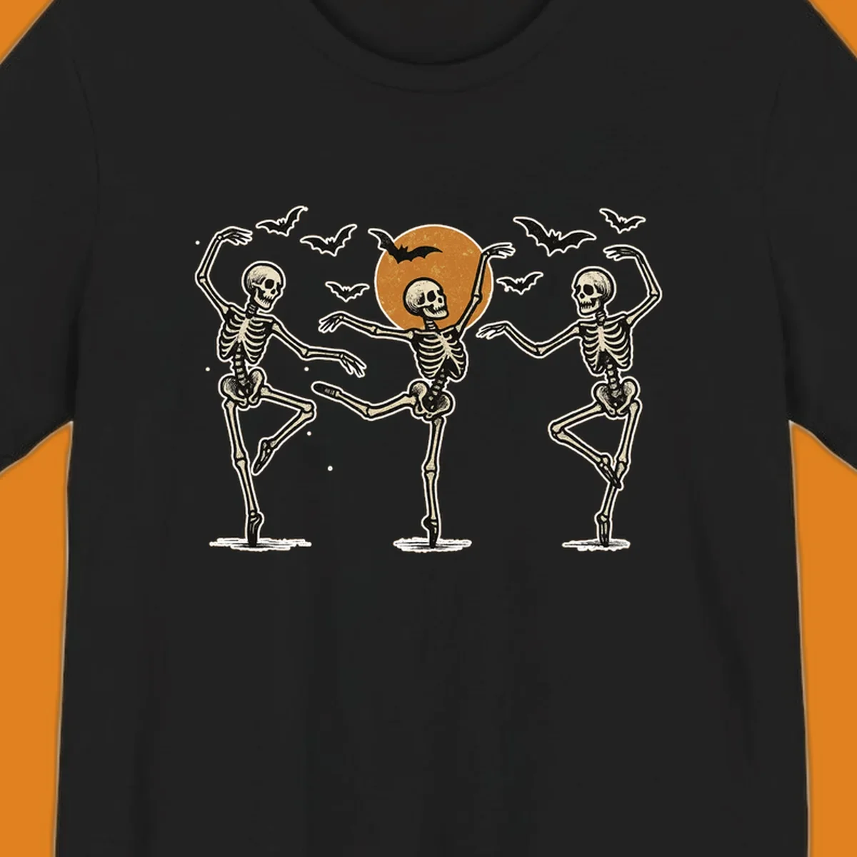 Vintage illustration of three dancing skeletons under a Halloween moon with bats, evoking a spooky ballet.