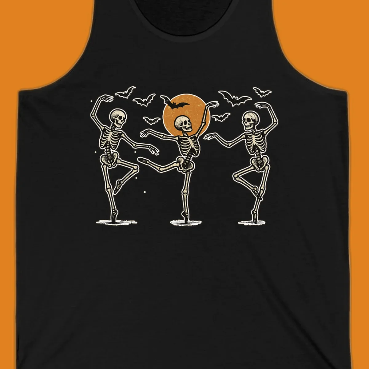 Vintage illustration of three dancing skeletons under a Halloween moon with bats, evoking a spooky ballet.