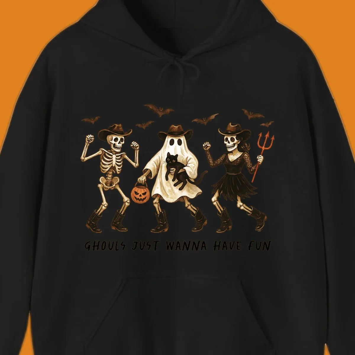 Halloween cowboy skeletons and ghost dancing with a cat and pumpkin, text reads Ghouls Just Wanna Have Fun.