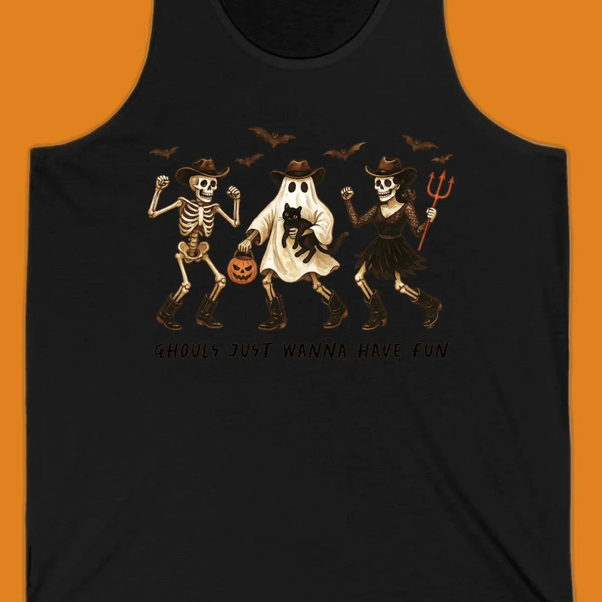 Halloween cowboy skeletons and ghost dancing with a cat and pumpkin, text reads Ghouls Just Wanna Have Fun.